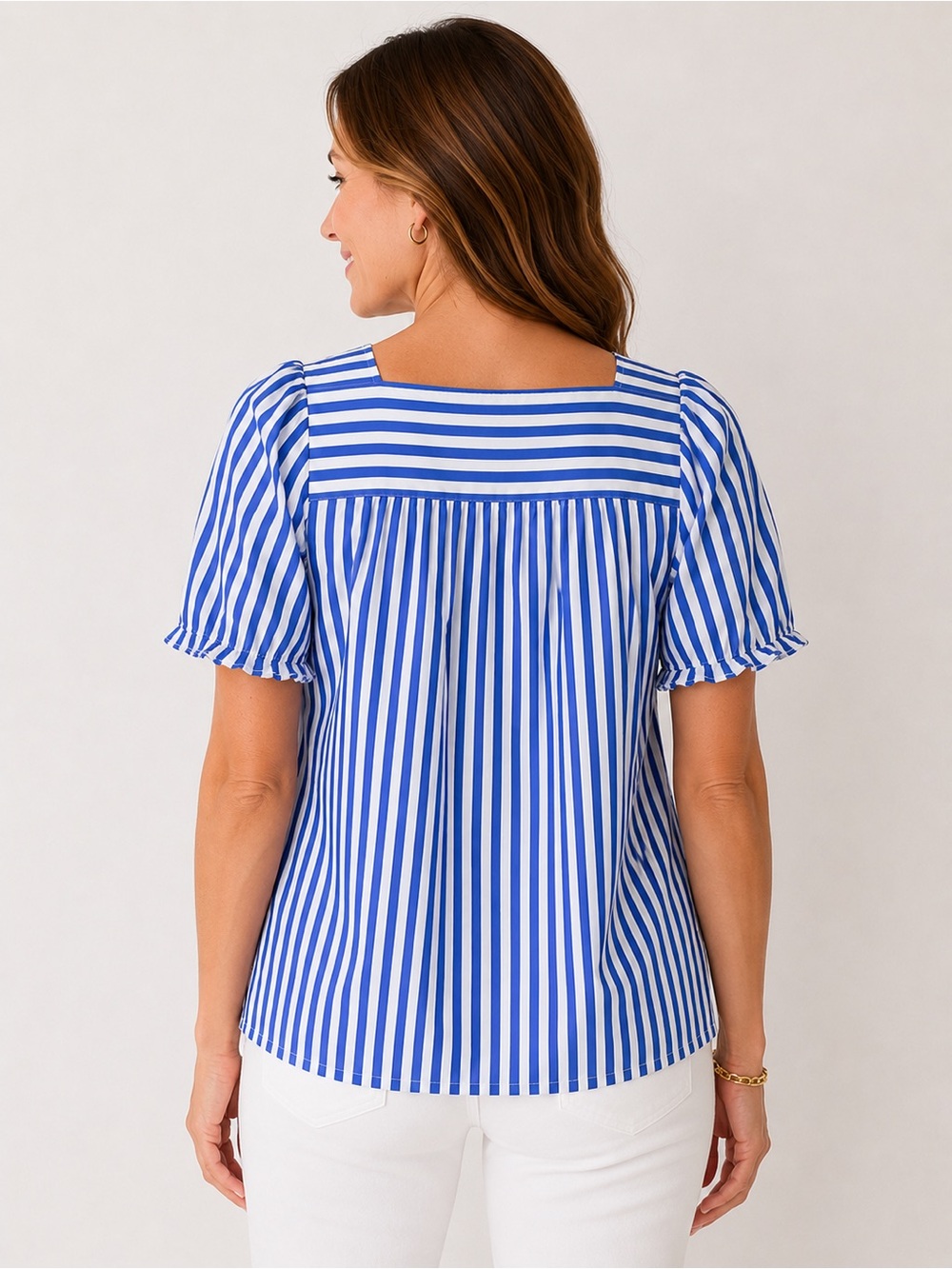 Talbots Blue White Stripe Puff Sleeve Square Neck Cotton Top Large - Picture 7 of 10